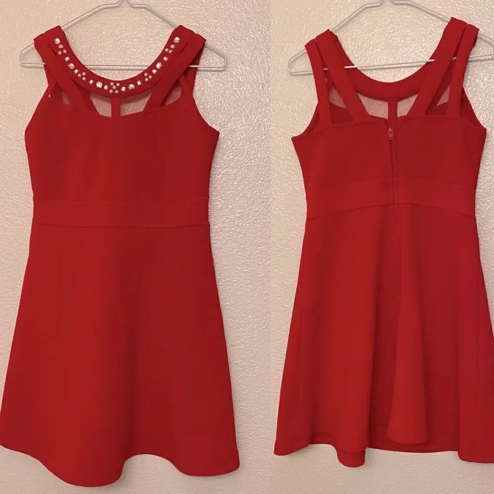 The Children’s Place Girls red dress formal rhinestone beaded collar mesh 6X-7